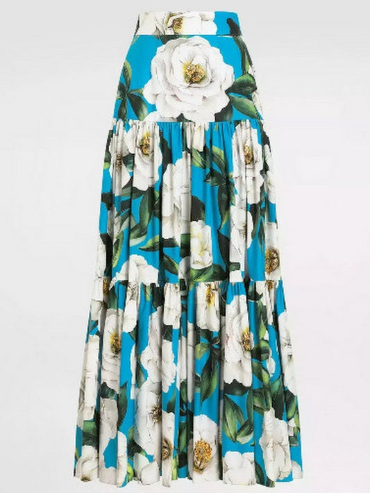 Long Floral Gardenia Print Cotton Tiered Skirt - Skirts