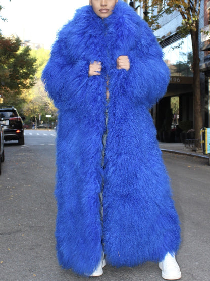 Long Full Mongolian Shearling Coat in Blue - Coats