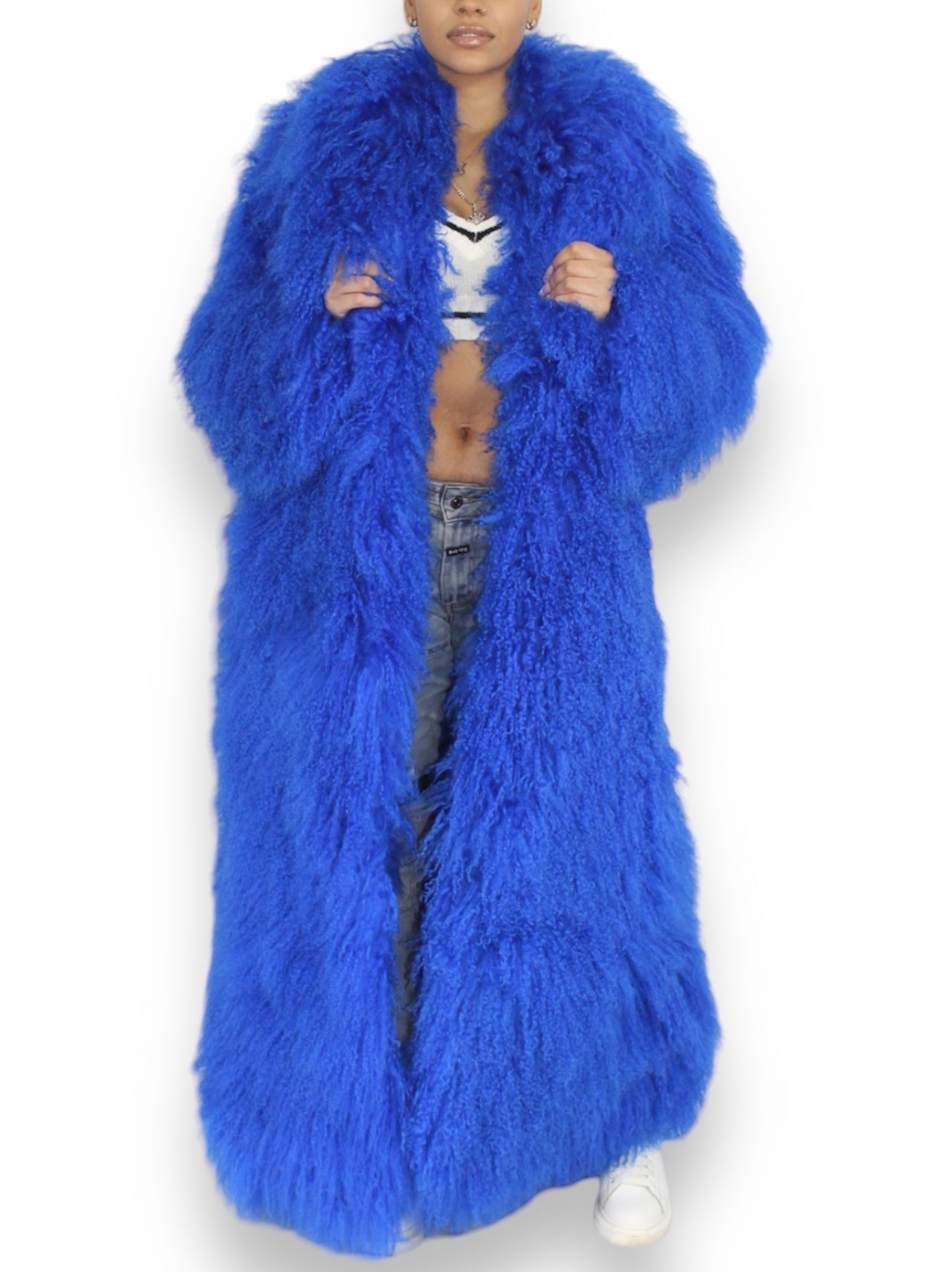 Long Full Mongolian Shearling Coat in Blue - Coats