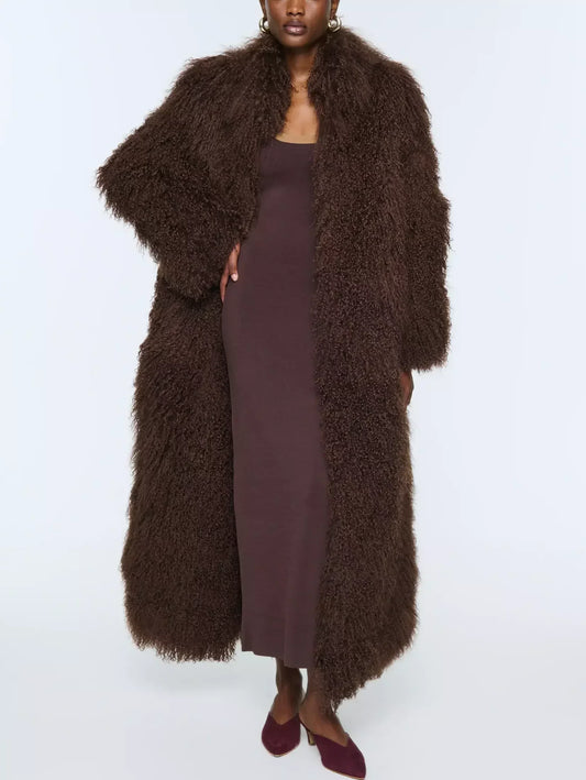Long Full Mongolian Shearling Coat in Brown - Coats
