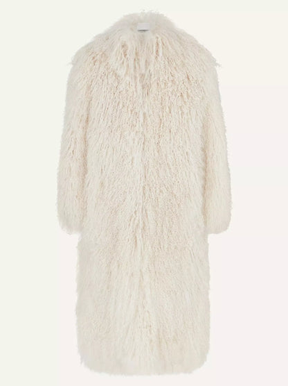 Long Full Mongolian Shearling Coat in Cream - Coats