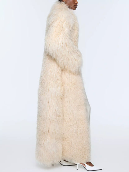 Long Full Mongolian Shearling Coat in Cream - Coats