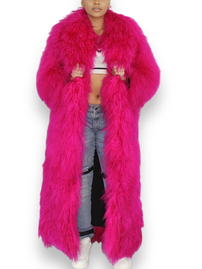 Long Full Mongolian Shearling Coat in Hot Pink or Green - Coats