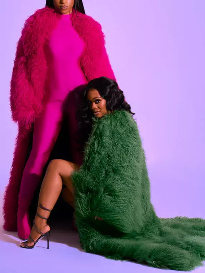 Long Full Mongolian Shearling Coat in Hot Pink or Green - Coats