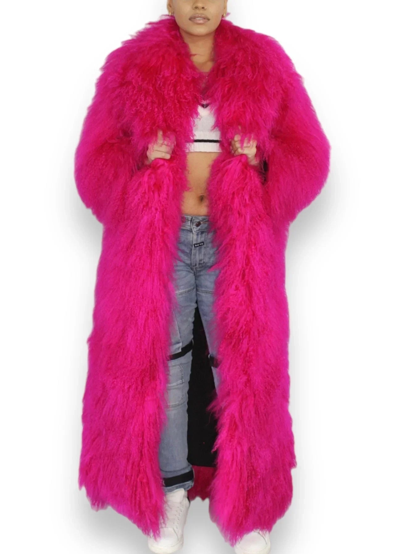 Long Full Mongolian Shearling Coat in Hot Pink or Green - Coats