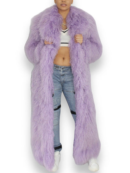 Long Full Mongolian Shearling Coat in Lavender - Coats