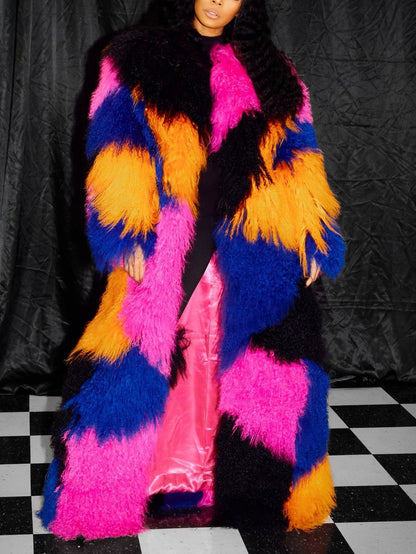 Long Full Mongolian Shearling Coat in Multi-Color - Coats