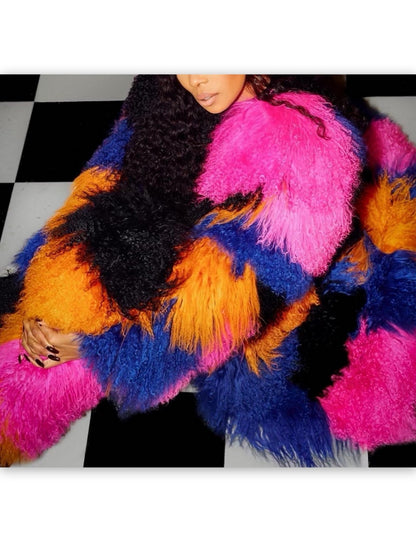 Long Full Mongolian Shearling Coat in Multi-Color - Coats