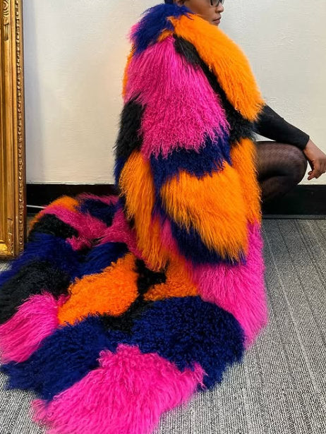 Long Full Mongolian Shearling Coat in Multi-Color - Coats