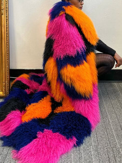 Long Full Mongolian Shearling Coat in Multi-Color - Coats