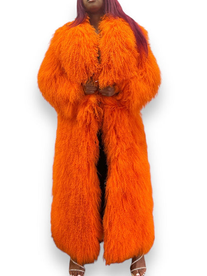 Long Full Mongolian Shearling Coat in Red or Orange - Coats