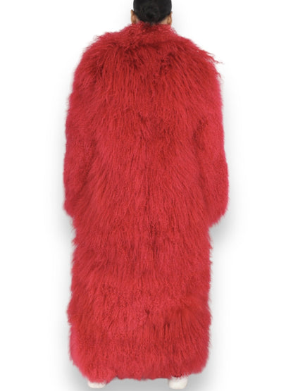 Long Full Mongolian Shearling Coat in Red or Orange - Coats