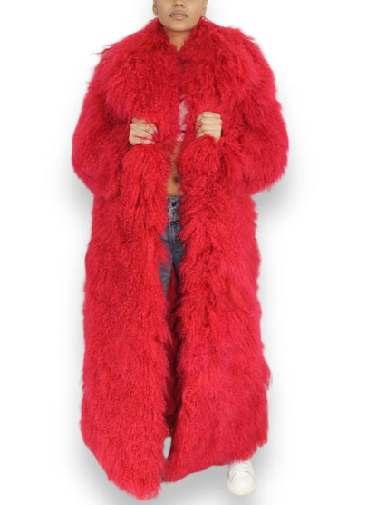 Long Full Mongolian Shearling Coat in Red or Orange - Coats