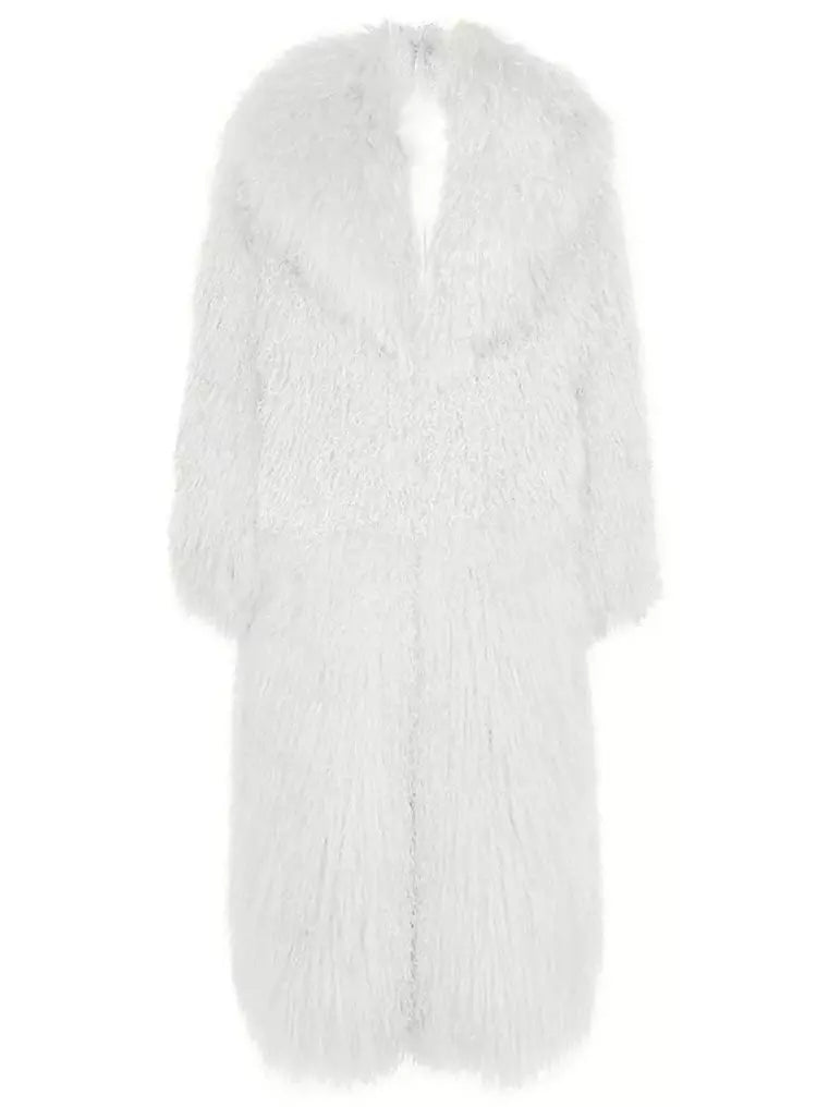 Long Full Mongolian Shearling Coat in White - Coats