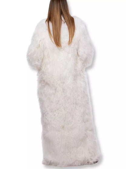 Long Full Mongolian Shearling Coat in White - Coats