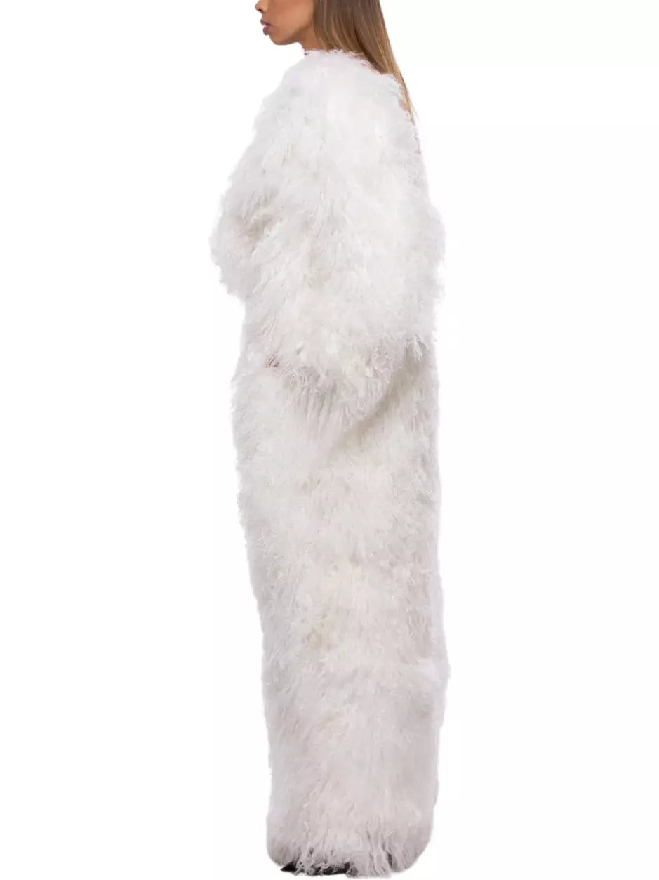 Long Full Mongolian Shearling Coat in White - Coats