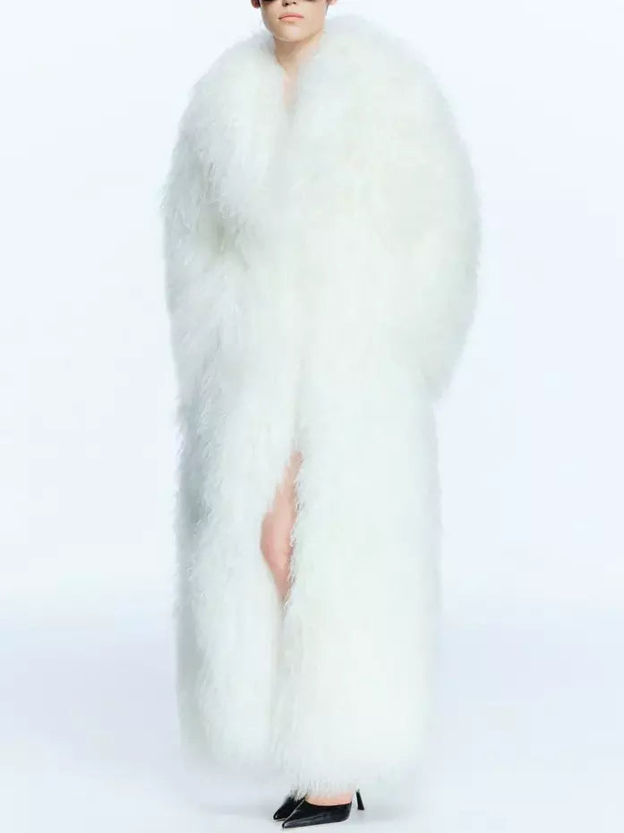 Long Full Mongolian Shearling Coat in White - Coats