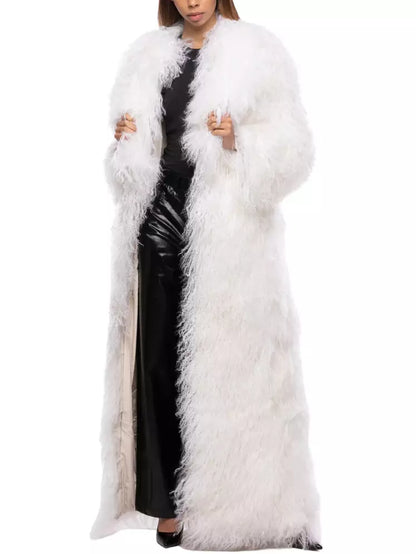 Long Full Mongolian Shearling Coat in White - Coats