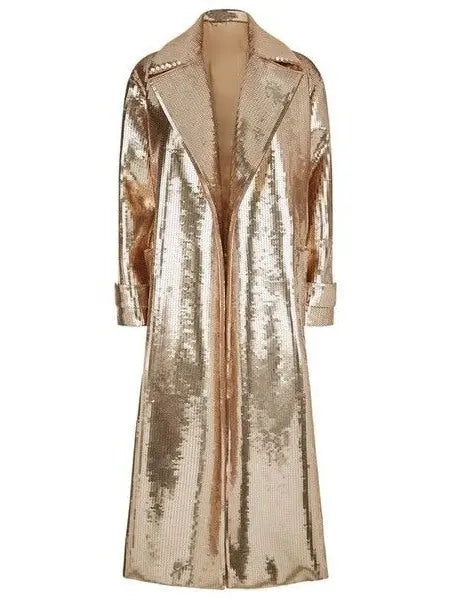 Long Gold Sequin Trench Coat - Coats