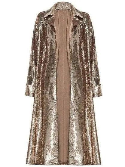 Long Gold Sequin Trench Coat - Coats