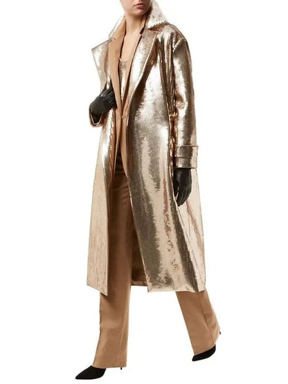 Long Gold Sequin Trench Coat - Coats