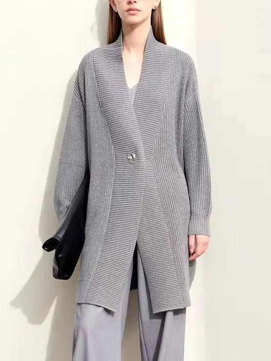 Long Knit Single-Button Cardigan Sweater in Gray - Sweaters & Knitwear