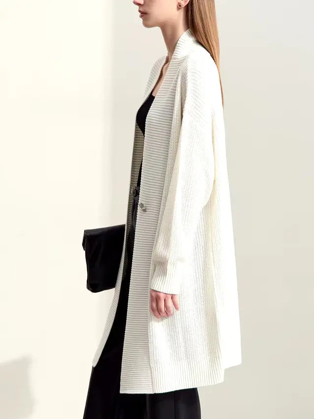 Long Knit Single-Button Cardigan Sweater in Ivory - Sweaters & Knitwear