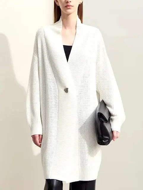 Long Knit Single-Button Cardigan Sweater in Ivory - Sweaters & Knitwear