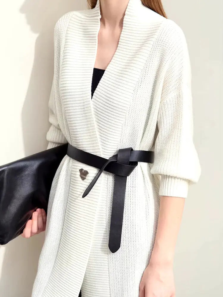 Long Knit Single-Button Cardigan Sweater in Ivory - Sweaters & Knitwear