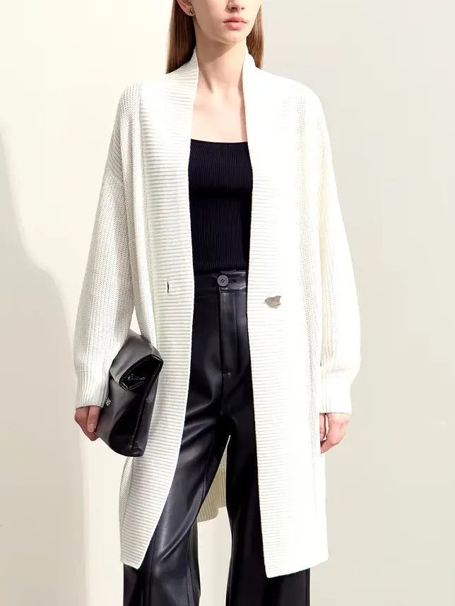 Long Knit Single-Button Cardigan Sweater in Ivory - Sweaters & Knitwear