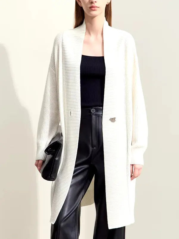 Long Knit Single-Button Cardigan Sweater in Ivory - Sweaters & Knitwear