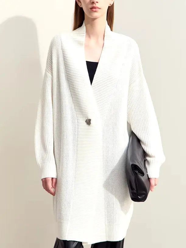 Long Knit Single-Button Cardigan Sweater in Ivory - Sweaters & Knitwear