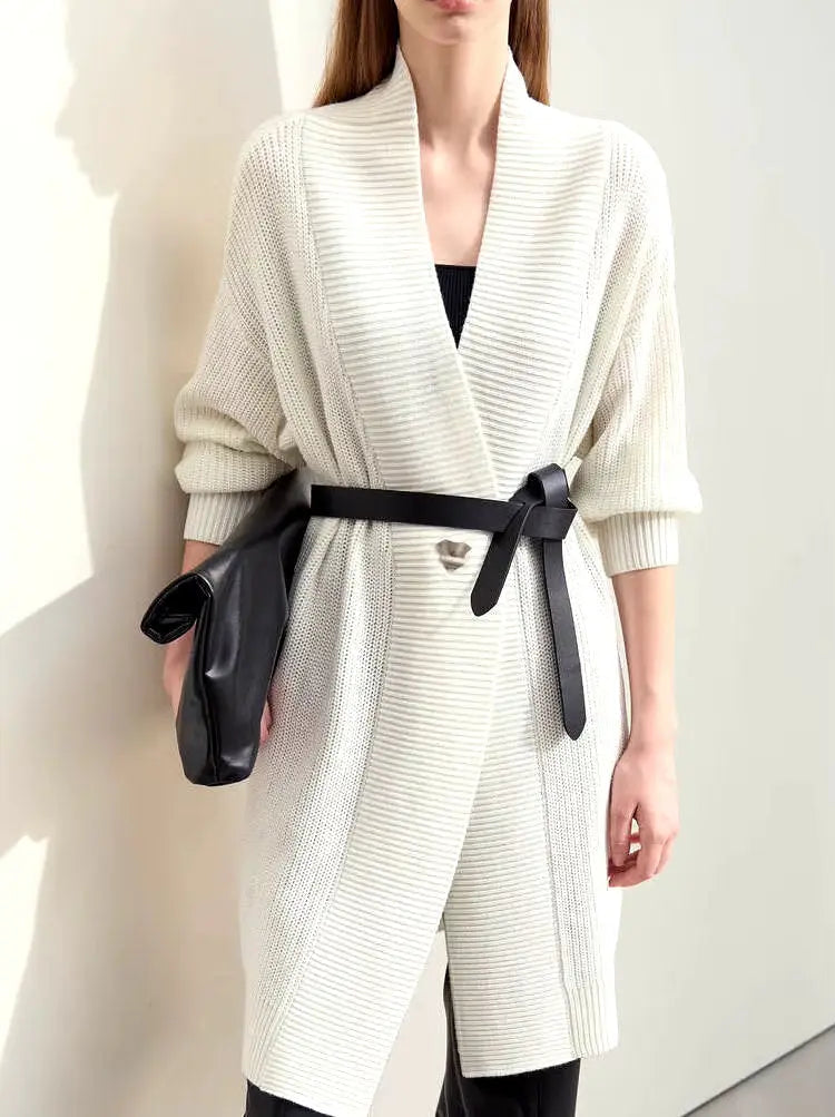 Long Knit Single-Button Cardigan Sweater in Ivory - Sweaters & Knitwear