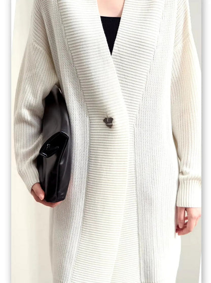 Long Knit Single-Button Cardigan Sweater in Ivory - Sweaters & Knitwear