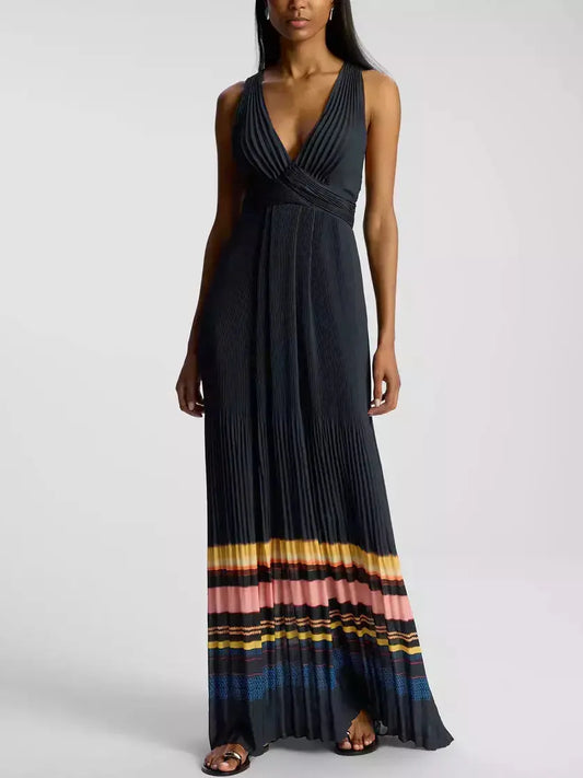 Long Pleated Stripe-Contrast Halter-Neck Dress - Dresses