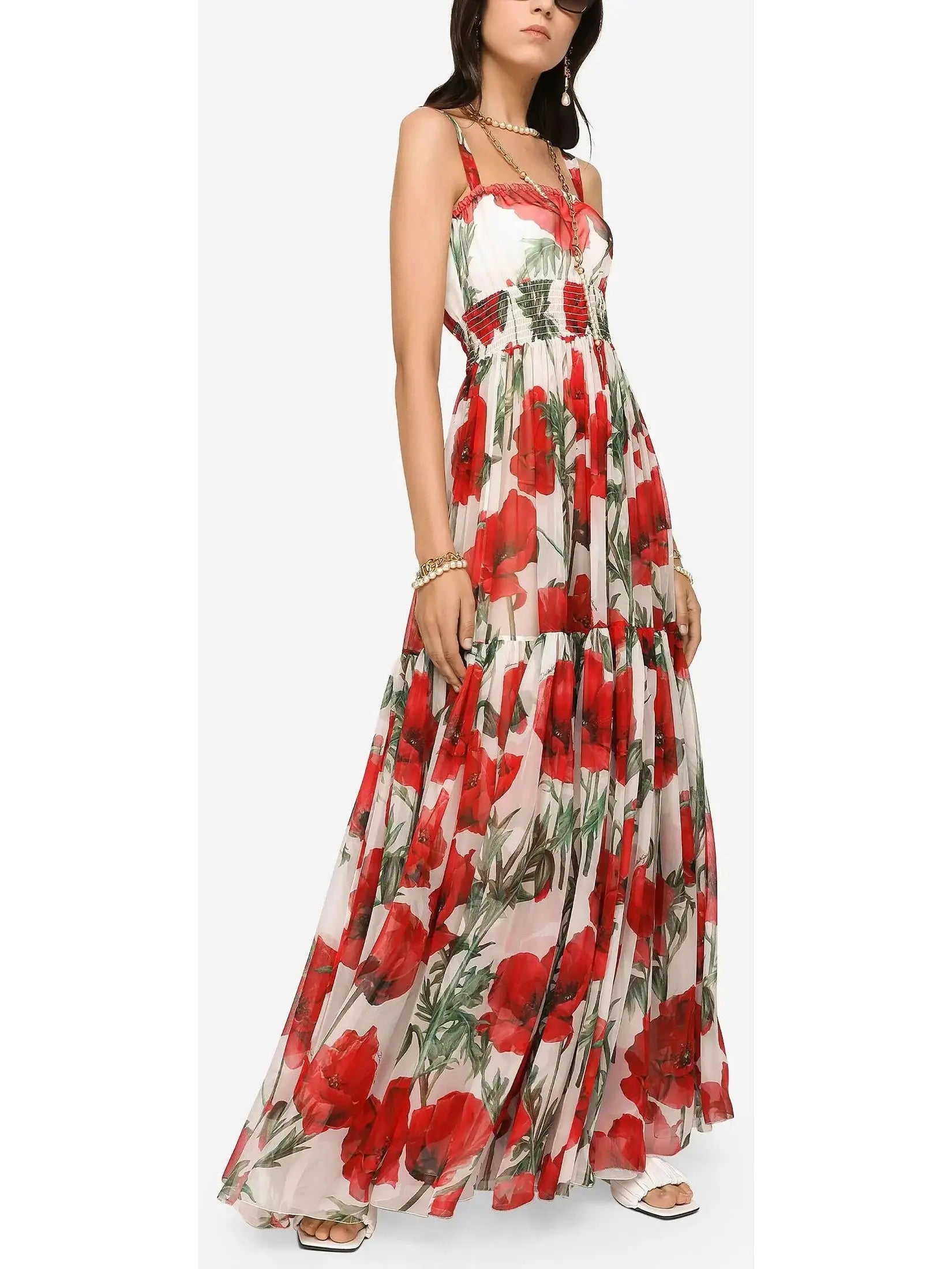 Long Poppy-Print Chiffon Dress - Dresses