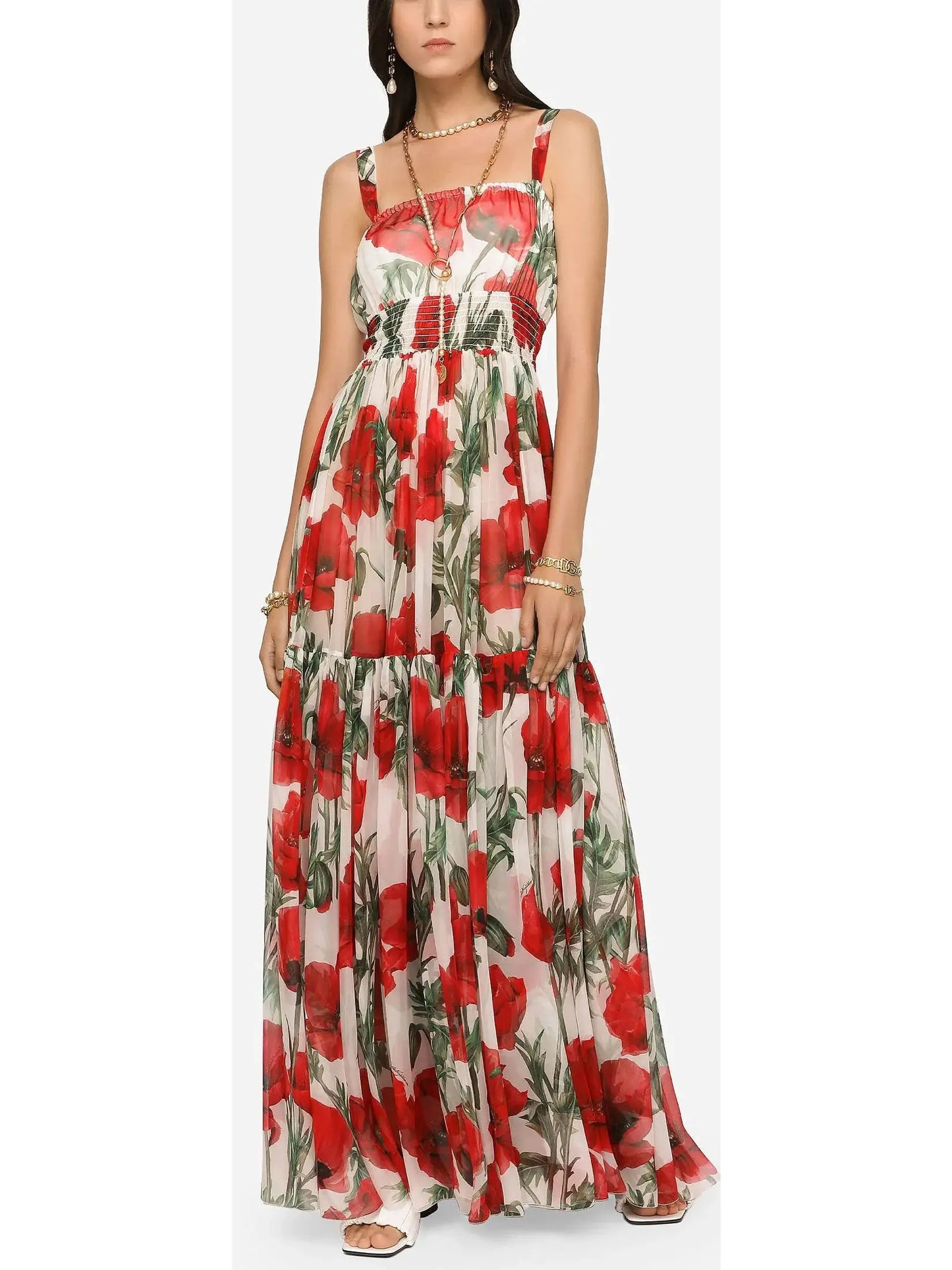 Long Poppy-Print Chiffon Dress - Dresses