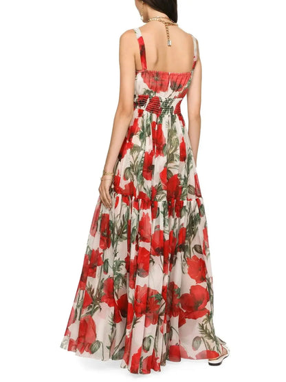 Long Poppy-Print Chiffon Dress - Dresses