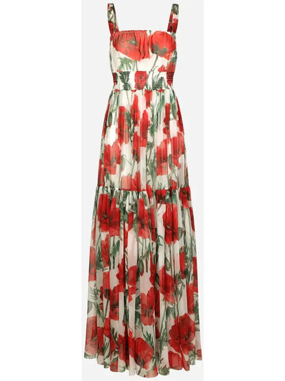 Long Poppy-Print Chiffon Dress - s - Dresses