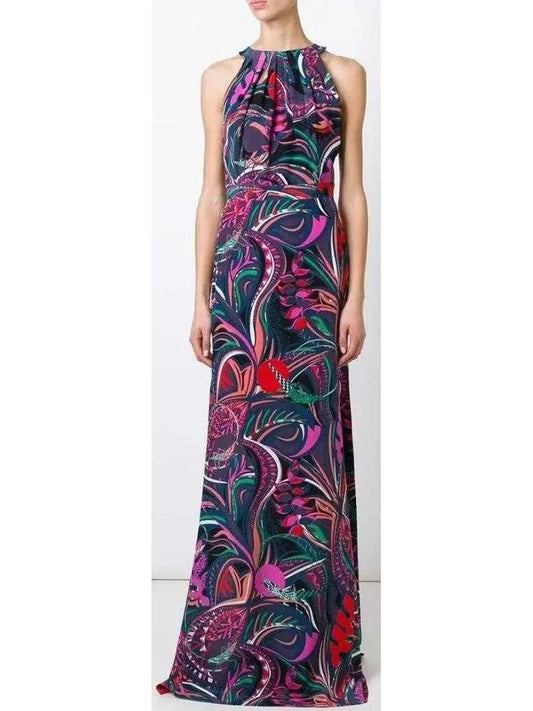 Long Printed Halter Jersey Silk Dress - s - Dresses