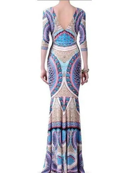 Long Printed V-Neck Jersey Silk Gown