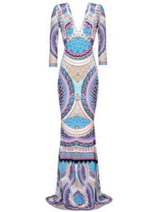 Long Printed V-Neck Jersey Silk Gown - s