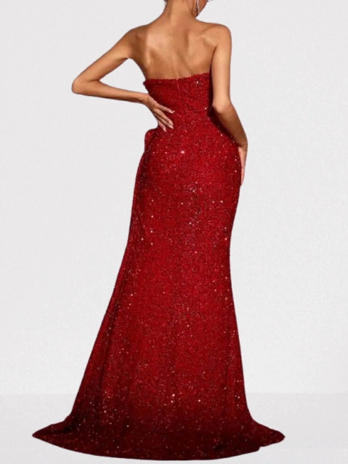 Long Red Structured Sequin Gown - Dresses
