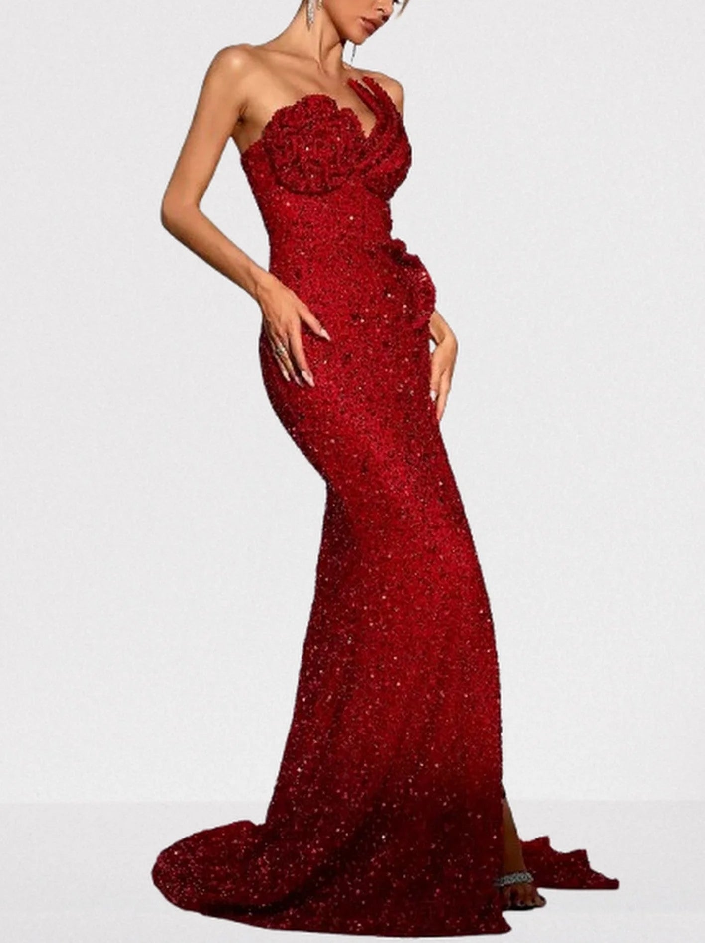 Long Red Structured Sequin Gown - Dresses
