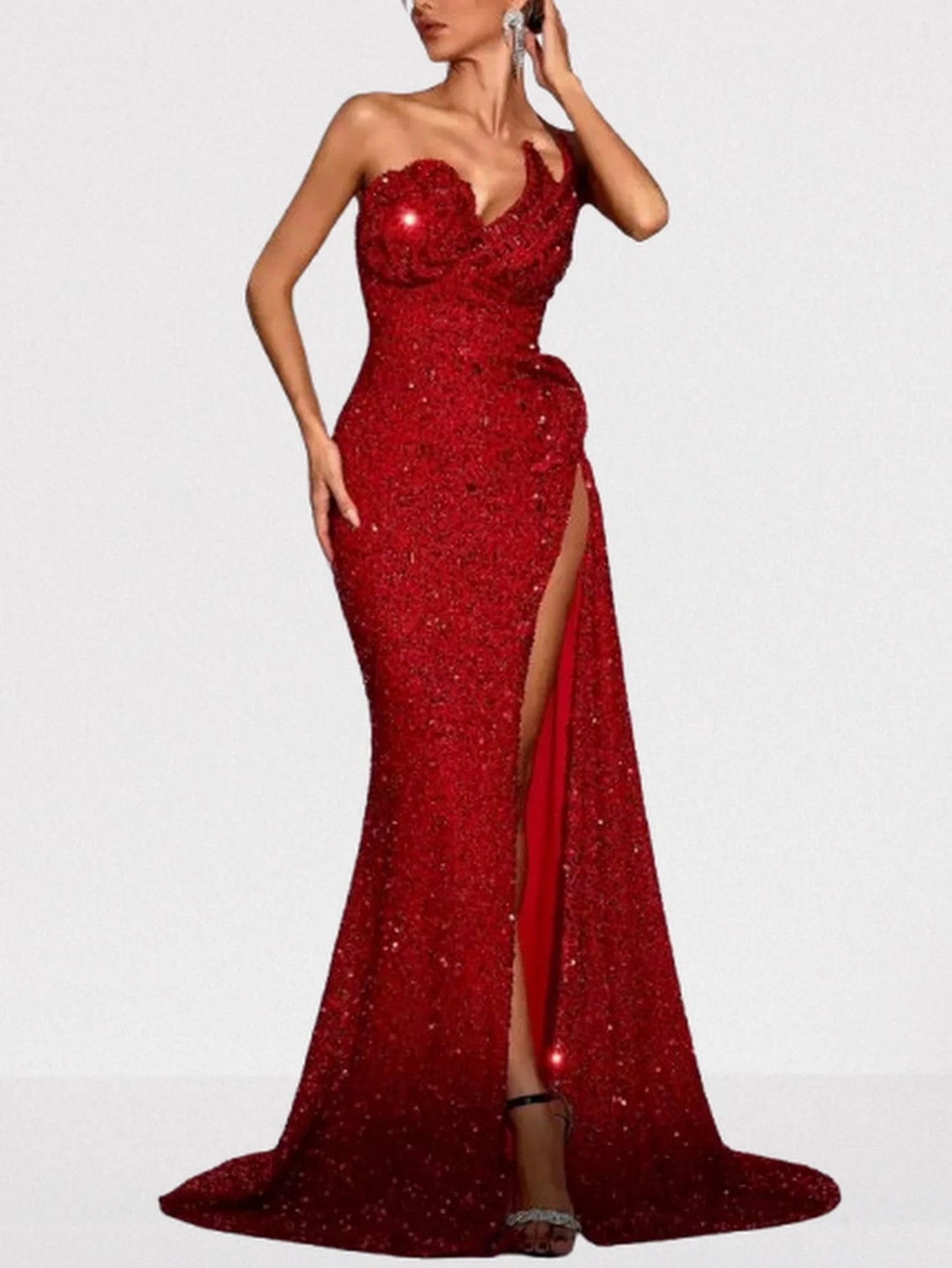 Long Red Structured Sequin Gown - Small - Dresses