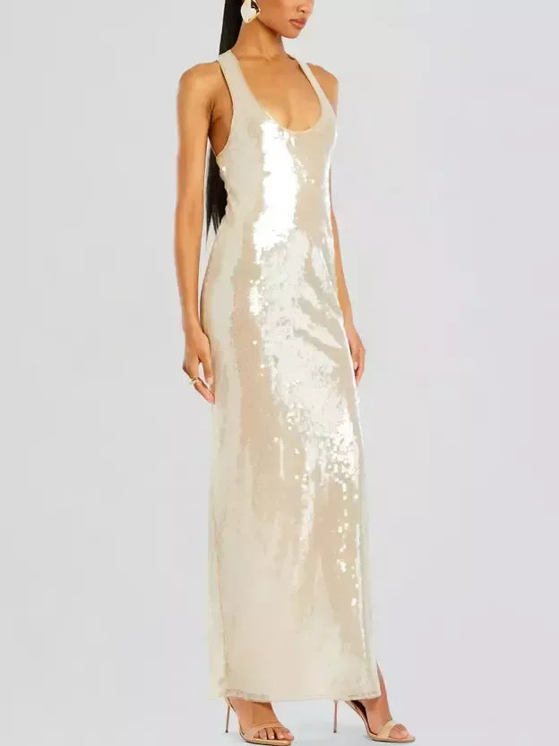 Long Sequin Tank Dress with Racerback - Dresses