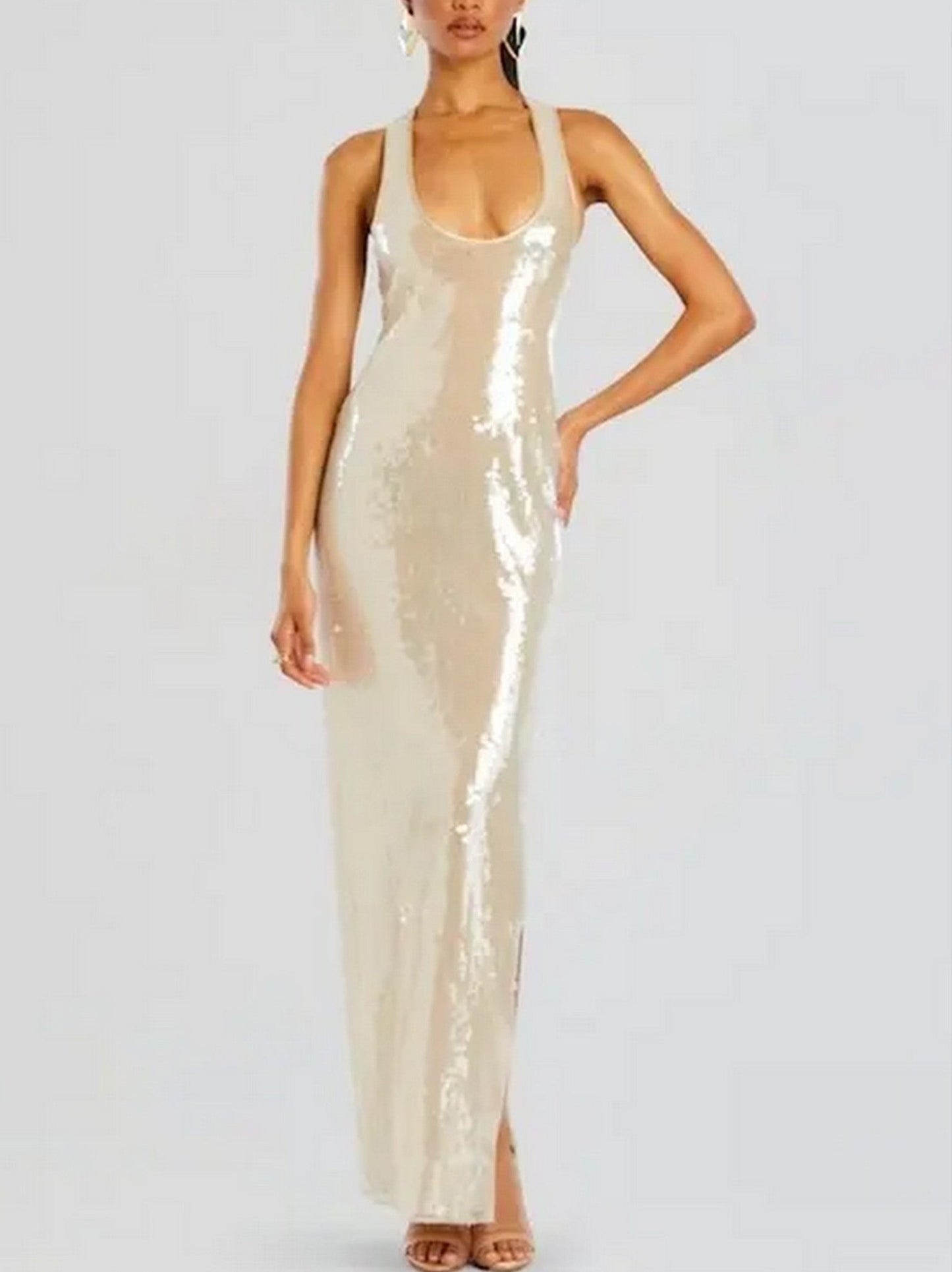Long Sequin Tank Dress with Racerback - Dresses
