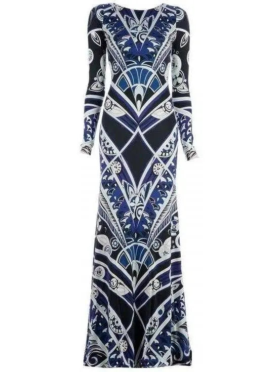 Long Silk Geometric Print Gown - Blue - s - Dresses