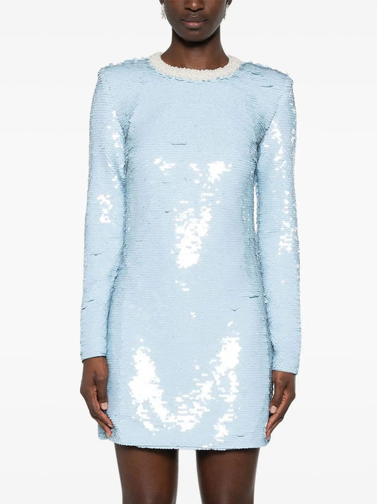 Long-Sleeve Sequin and Pearl-Embellished Short Dress in Powder Blue - Dresses