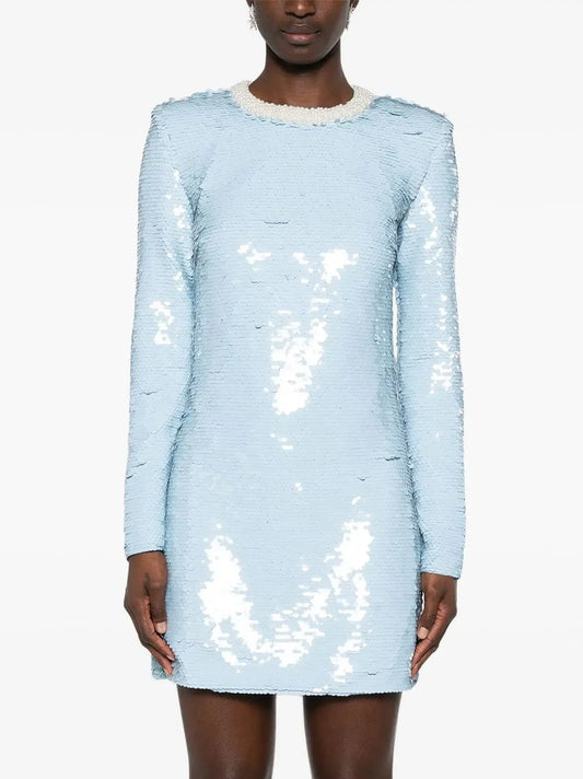 Long-Sleeve Sequin and Pearl-Embellished Short Dress in Powder Blue - Dresses